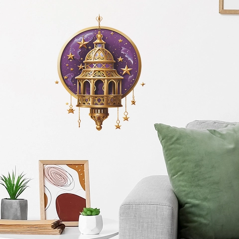 Vinilo de Pared Ramadan Eid Mubarak Linterna Fanous Dorada Calada Cielo Estrellado Púrpura Calcomanía Redonda Decoración Hogar