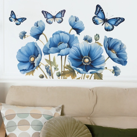 Adesivo da Parete Romantico Con Papaveri Blu e Farfalle in PVC Impermeabile Decorazione per Parete Camera da Letto e Soggiorno