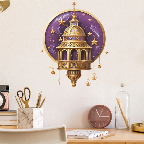 Vinilo de Pared Ramadan Eid Mubarak Linterna Fanous Dorada Calada Cielo Estrellado Púrpura Calcomanía Redonda Decoración Hogar