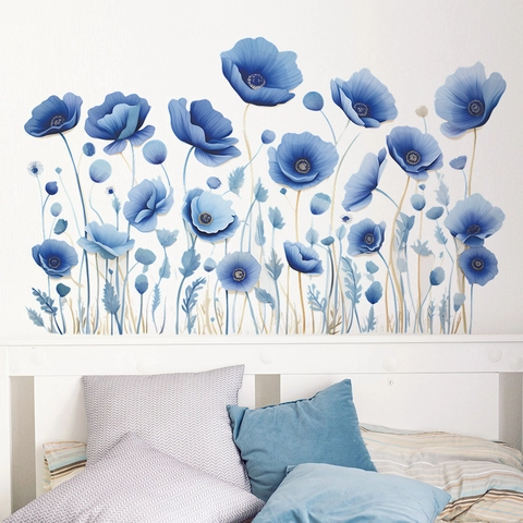 Blue Poppy Flowers Wall Stickers Watercolor Floral Leaf Wall Decals For Living Room Bedroom PVC Decorative Wall Art