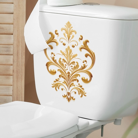 Vintage Gold Damascus Pattern Toilet Lid Sticker Waterproof PVC Removable Bathroom Decor Decal For Toilet Cover Home Decoration