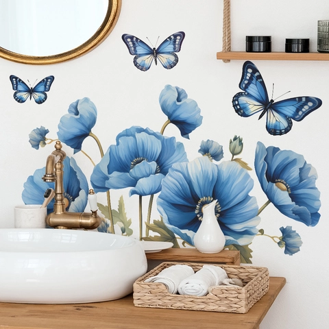 Adesivo da Parete Romantico Con Papaveri Blu e Farfalle in PVC Impermeabile Decorazione per Parete Camera da Letto e Soggiorno