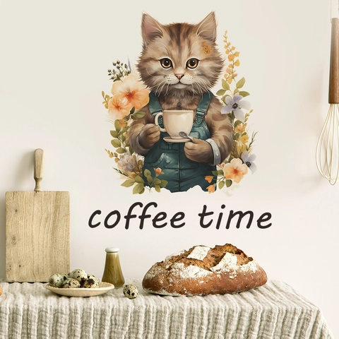 Simpatico Gatto Cartone Animato Coffee Time Adesivo da Parete in PVC Rimovibile Decalcomania Artistica Fai da Te