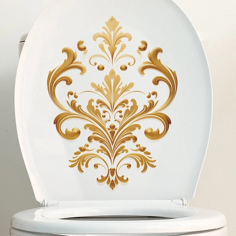 Vintage Gold Damascus Pattern Toilet Lid Sticker Waterproof PVC Removable Bathroom Decor Decal For Toilet Cover Home Decoration