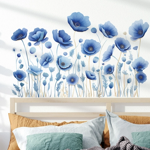 Blue Poppy Flowers Wall Stickers Watercolor Floral Leaf Wall Decals For Living Room Bedroom PVC Decorative Wall Art