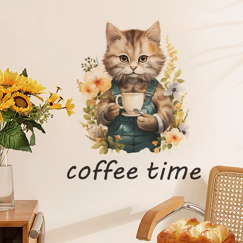 Simpatico Gatto Cartone Animato Coffee Time Adesivo da Parete in PVC Rimovibile Decalcomania Artistica Fai da Te