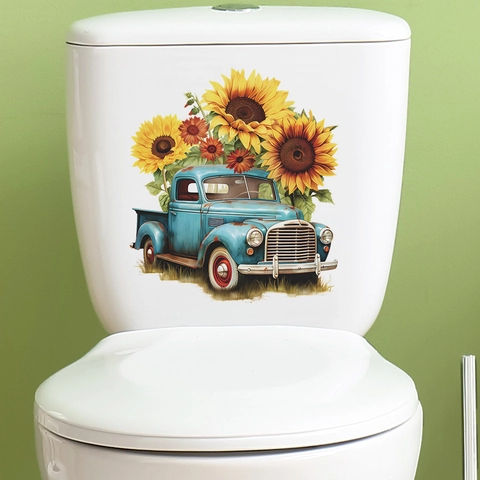 Adesivo per Gabinetto con Camion Blu Vintage e Girasoli PVC Impermeabile per Bagno Decorazione Casa Floreale