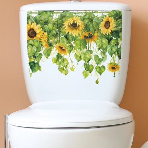 Wasserdicht Sonnenblume Grüne Blätter Toilettenaufkleber Abnehmbar PVC Floral Wandtattoo Für Badezimmer Toilettensitz Deko