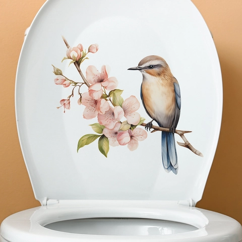 Waterdichte PVC-Toiletsticker Met Vogel En Perzikbloesemtak Floral Muursticker Verwijderbaar Voor Badkamer Huis Decoratie