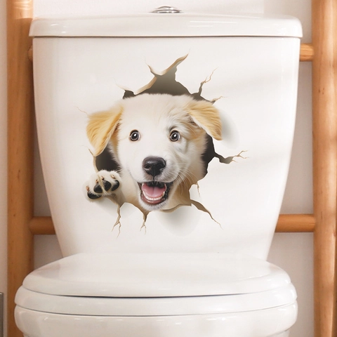 3D Cute Dog Toilet Sticker PVC Waterproof Puppy Wall Decal Creative Animal Hole Wall Sticker For Bathroom Toilet Lid Decor