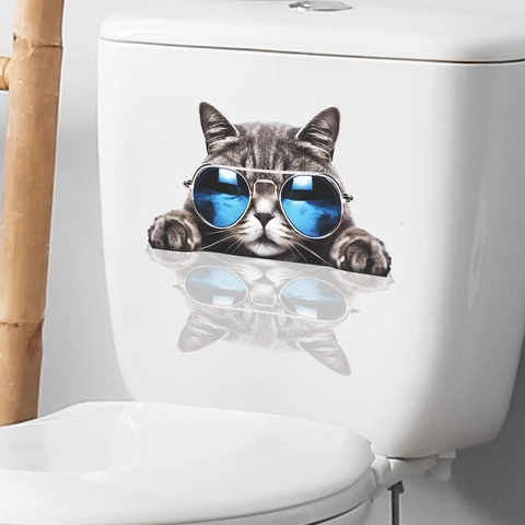 Divertido Adhesivo de Pared para Baño Gato 3D Con Gafas de Sol Calcomanía Impermeabile de PVC para Tapa de Inodoro
