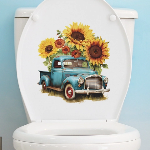 Adesivo per Gabinetto con Camion Blu Vintage e Girasoli PVC Impermeabile per Bagno Decorazione Casa Floreale