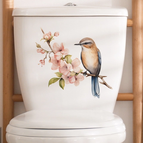 Waterdichte PVC-Toiletsticker Met Vogel En Perzikbloesemtak Floral Muursticker Verwijderbaar Voor Badkamer Huis Decoratie