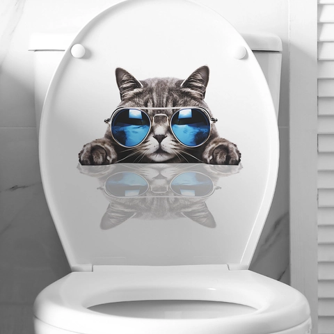 Divertido Adhesivo de Pared para Baño Gato 3D Con Gafas de Sol Calcomanía Impermeabile de PVC para Tapa de Inodoro