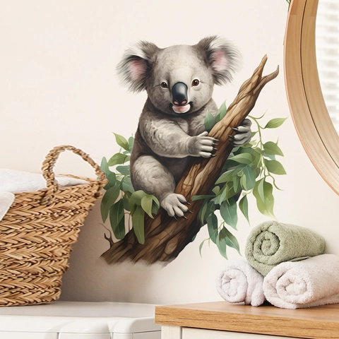Sticker Mural Koala Dessin Animé Sur Branche d'Arbre PVC Imperméable Autocollant Décalcomanie Animale pour Chambre d'Enfants Fenêtre Verre Maison