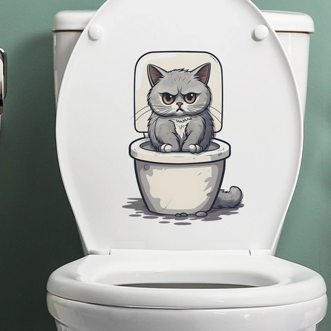 Funny Angry Grey Cat Toilet Seat Sticker Waterproof PVC Cartoon Animal Bathroom Mural Decor For Home Toilet Lid Cover