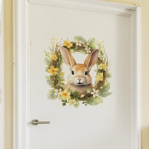Cartoon Rabbit Flower Wreath Wall Sticker Waterproof PVC Decorative Decal For Kids Room Nursery Bedroom Kindergarten Home Decor