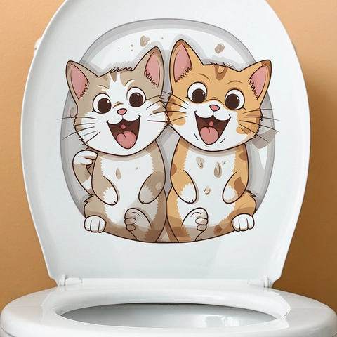 Adhesivo para Inodoro de Pareja de Gatos de Dibujos Animados PVC Impermeable Calcomanía de Pared de Baño Decoración del Hogar