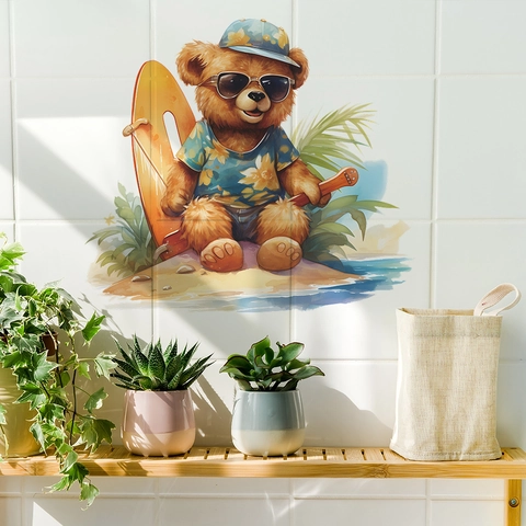 Adesivo Murale Cartone Animato Orsetto Vacanze Estive Surfboard Hawaiiano in PVC Impermeabile per Cameretta Bambini Asilo