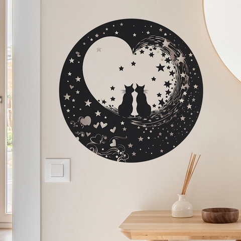 Romantic Black Cat Heart Stars Wall Stickers Couple Silhouette PVC Self-Adhesive Wall Decals For Bedroom Living Room Decor