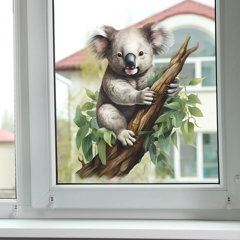 Sticker Mural Koala Dessin Animé Sur Branche d'Arbre PVC Imperméable Autocollant Décalcomanie Animale pour Chambre d'Enfants Fenêtre Verre Maison
