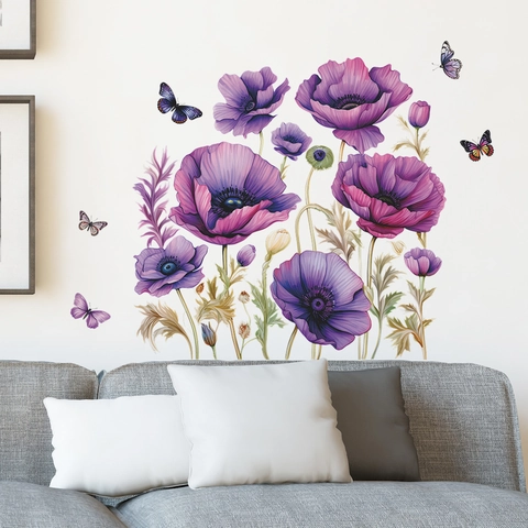 Lila Blumen Schmetterling Wandtattoo PVC Abnehmbare Aquarell Mohnblumen Florale Wandaufkleber Für Schlafzimmer Wohnzimmer Haus Deko