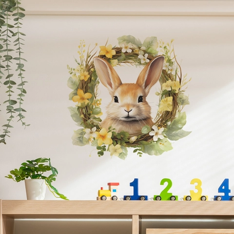 Cartoon Rabbit Flower Wreath Wall Sticker Waterproof PVC Decorative Decal For Kids Room Nursery Bedroom Kindergarten Home Decor