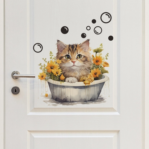 Cartoon Cat Bathtub Sunflower Wall Sticker Waterproof PVC Bathroom Decoration Home Art Mural Decal fun-f67