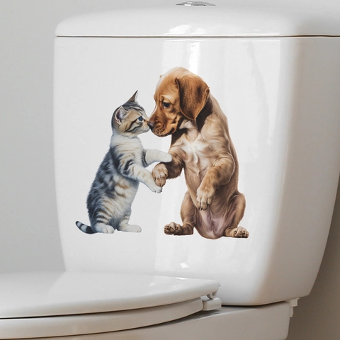 Adesivo per Gabinetto 3D Cartone Animato Gatto Cane Stretta di Mano Impermeabile PVC Decalcomania Parete Bagno fun-m53