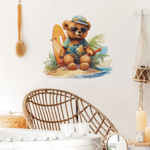 Adesivo Murale Cartone Animato Orsetto Vacanze Estive Surfboard Hawaiiano in PVC Impermeabile per Cameretta Bambini Asilo