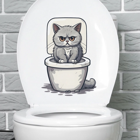 Funny Angry Grey Cat Toilet Seat Sticker Waterproof PVC Cartoon Animal Bathroom Mural Decor For Home Toilet Lid Cover