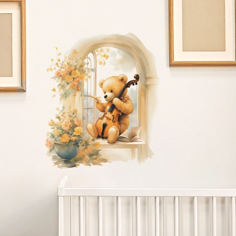 Adesivo da Parete Orsetto ad Acquerello che Suona il Violino in PVC Animale Fiori Finestra Decalcomania per Cameretta Bambini