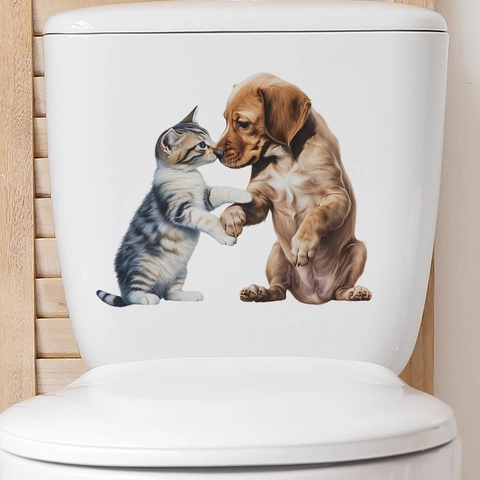 Adesivo per Gabinetto 3D Cartone Animato Gatto Cane Stretta di Mano Impermeabile PVC Decalcomania Parete Bagno fun-m53