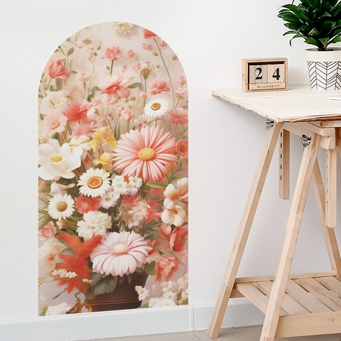 Moderner Bogen Gänseblümchen Floral PVC Wandaufkleber Abnehmbare Warme Töne Blume Blatt Dekor Für Wohnzimmer Schlafzimmer Eingang