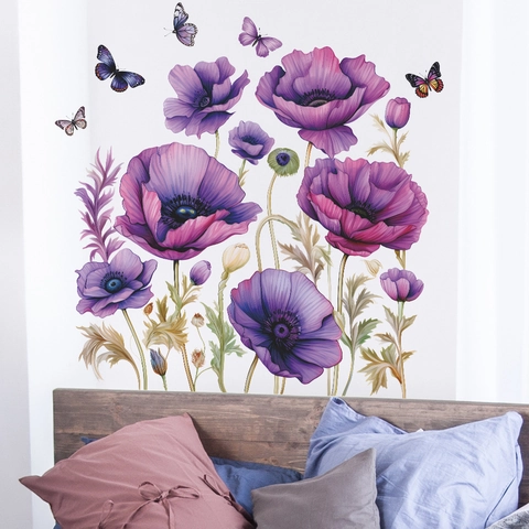 Lila Blumen Schmetterling Wandtattoo PVC Abnehmbare Aquarell Mohnblumen Florale Wandaufkleber Für Schlafzimmer Wohnzimmer Haus Deko