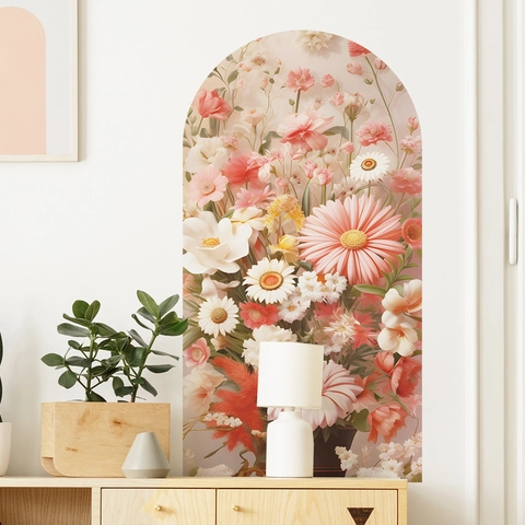 Moderner Bogen Gänseblümchen Floral PVC Wandaufkleber Abnehmbare Warme Töne Blume Blatt Dekor Für Wohnzimmer Schlafzimmer Eingang