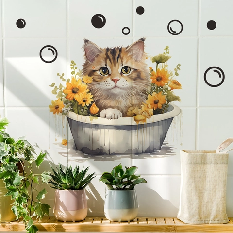Cartoon Cat Bathtub Sunflower Wall Sticker Waterproof PVC Bathroom Decoration Home Art Mural Decal fun-f67