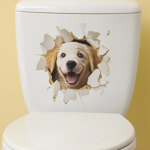 3D Puppy Hond Toilet Sticker Waterdicht PVC Muursticker Voor Badkamer Golden Retriever Hond Gebroken Muur Effect Decor