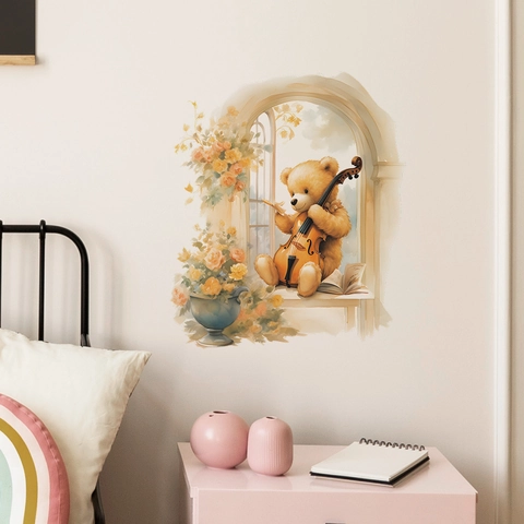 Adesivo da Parete Orsetto ad Acquerello che Suona il Violino in PVC Animale Fiori Finestra Decalcomania per Cameretta Bambini