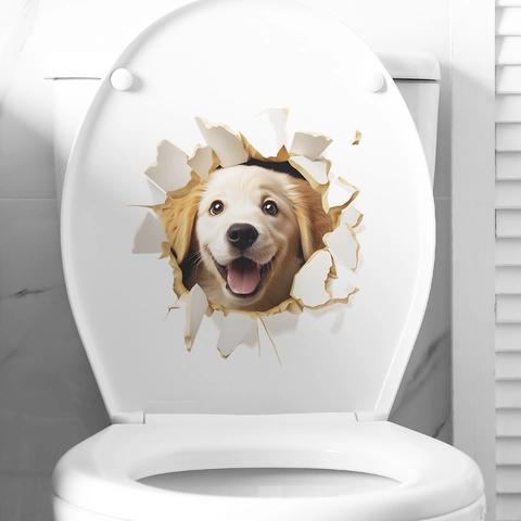 3D Puppy Hond Toilet Sticker Waterdicht PVC Muursticker Voor Badkamer Golden Retriever Hond Gebroken Muur Effect Decor