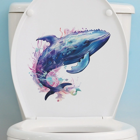 Pegatina para Inodoro de Ballena en Acuarela de Dibujos Animados PVC Impermeable Vinilo de Pared de Baño Decorativo Mural Hogar