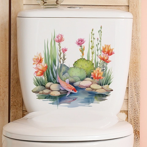 Watercolor Koi Fish Flower Plant Bathroom Toilet Sticker PVC Waterproof Wall Decal For Toilet Lid Tank Home Decoration