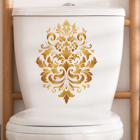 Adesivo per Coperchio del Water Vintage Oro Damascato Barocco Floreale Bagno Adesivo da Parete PVC Impermeabile Decorazione Casa
