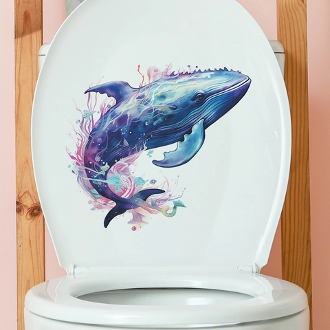 Pegatina para Inodoro de Ballena en Acuarela de Dibujos Animados PVC Impermeable Vinilo de Pared de Baño Decorativo Mural Hogar