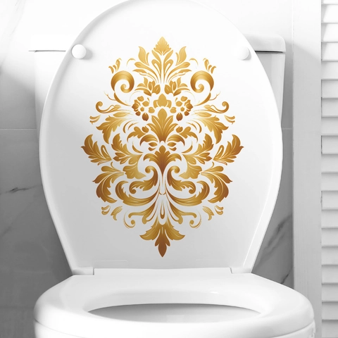 Adesivo per Coperchio del Water Vintage Oro Damascato Barocco Floreale Bagno Adesivo da Parete PVC Impermeabile Decorazione Casa