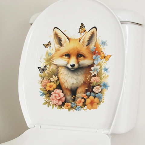 Vos Bloemen Vlinder Toiletbril Sticker Verwijderbare PVC Decoratieve Muursticker Voor Badkamer Huisdecoratie Cartoon Dier Illustratie