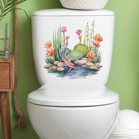 Watercolor Koi Fish Flower Plant Bathroom Toilet Sticker PVC Waterproof Wall Decal For Toilet Lid Tank Home Decoration