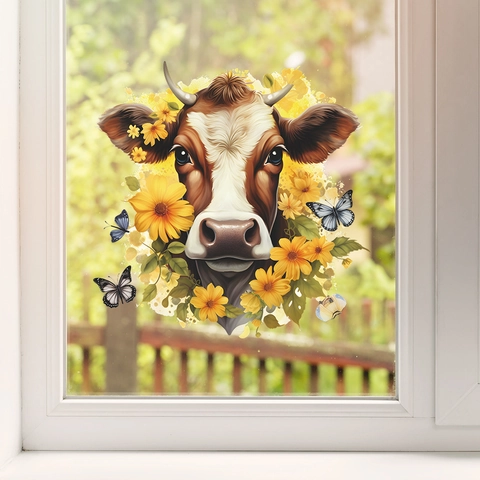 Adesivo Statico per Finestre con Testa di Mucca Girasole e Farfalla in PVC Stampato Adesivo Decorativo per Finestre Murales in Vetro per Soggiorno e Camera da Letto