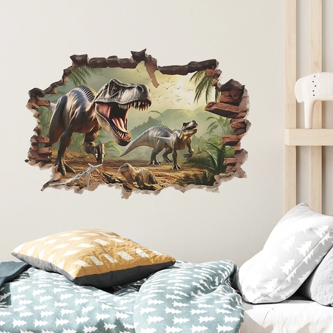 Realistischer 3D Dinosaurier Wandsticker Mit Mauerdurchbruch PVC Wasserdicht Abnehmbar Wandtattoo Für Kinderzimmer Haus Deko