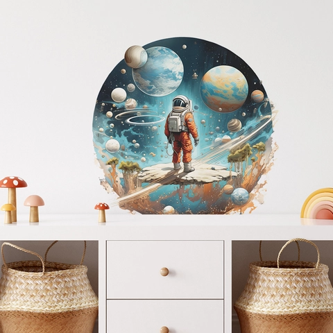 Sticker Mural Astronaute Dessin Animé Espace Univers Planète pour Chambre d'Enfant Salon Décoratif PVC Amovible Autocollant Mural DIY